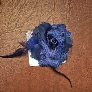 Dark Blue Floral Hair Clip/Brooch With Feathers, New